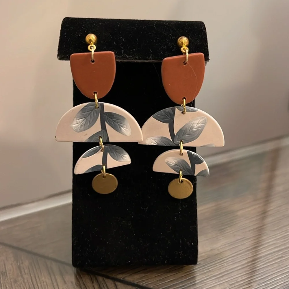 Boutique Style Polymer Clay Geometric Leaf Drop Earrings